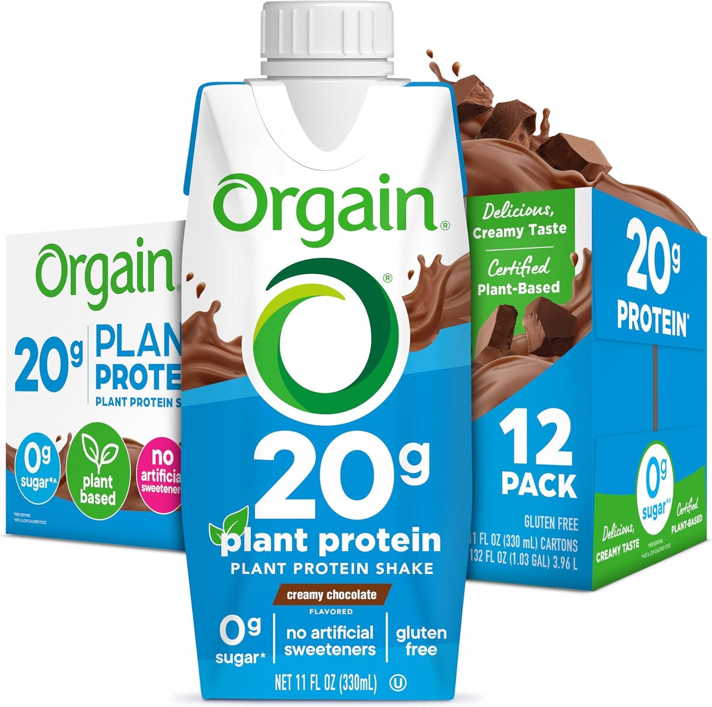 Orgain Organic 20g Vegan High Protein Shake, Chocolate, 11 oz, 12pk | Ready to drink plant based protein, fruits & vegetables, no soy or dairy ingredients, gluten-free, kosher