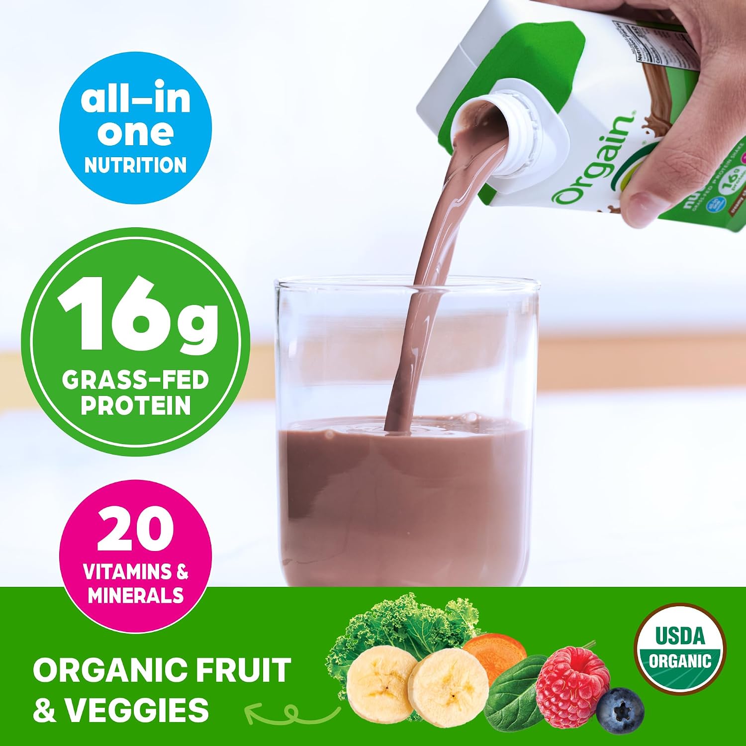 ORGAIN Organic Creamy Chocolate Fudge Shake 12 Pack, 11 FZ | Ready to drink grass-fed dairy protein, meal replacement, 20 vitamins & minerals, fruits & vegetables, non-GMO, gluten-free