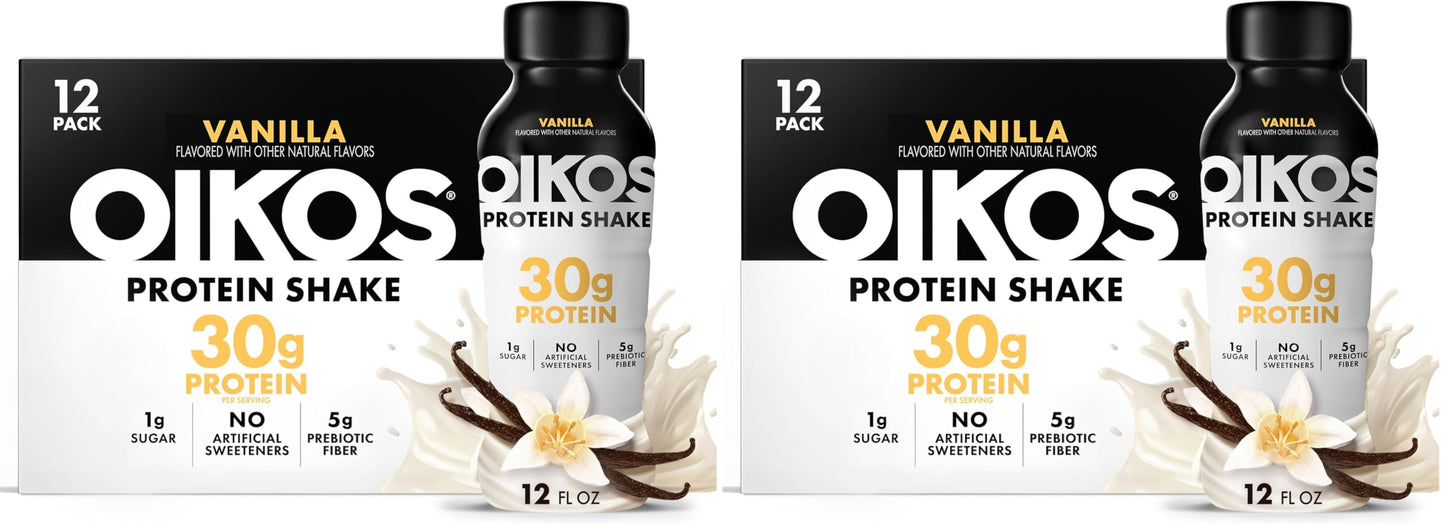 Oikos Protein Shake, Chocolate, 30g High Protein Drinks, Shelf Stable, Ready to Drink, 5g Prebiotic Fiber, 12 fl oz Bottle, 12 Count​