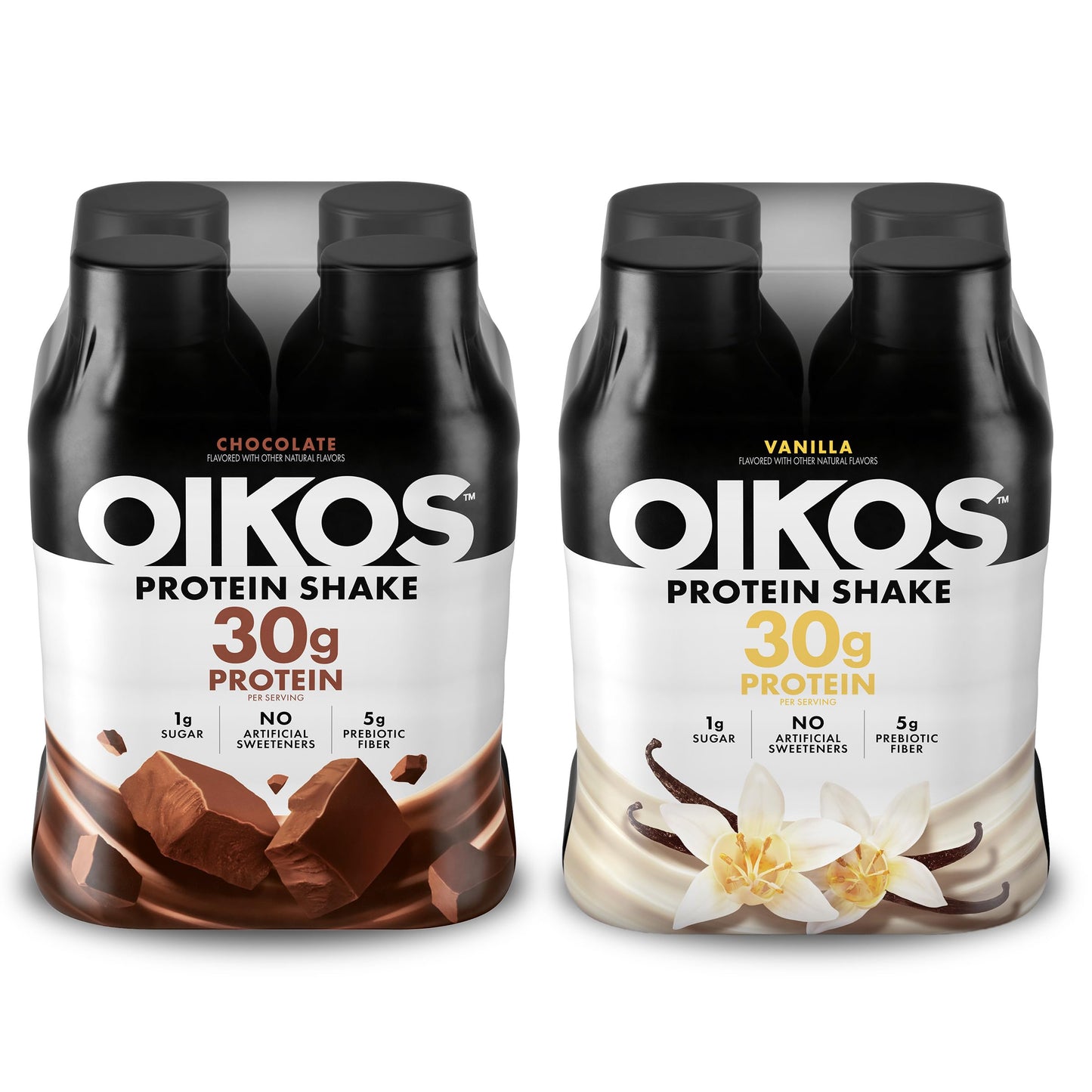 Oikos Protein Shake, Chocolate, 30g High Protein Drinks, Shelf Stable, Ready to Drink, 5g Prebiotic Fiber, 12 fl oz Bottle, 12 Count​