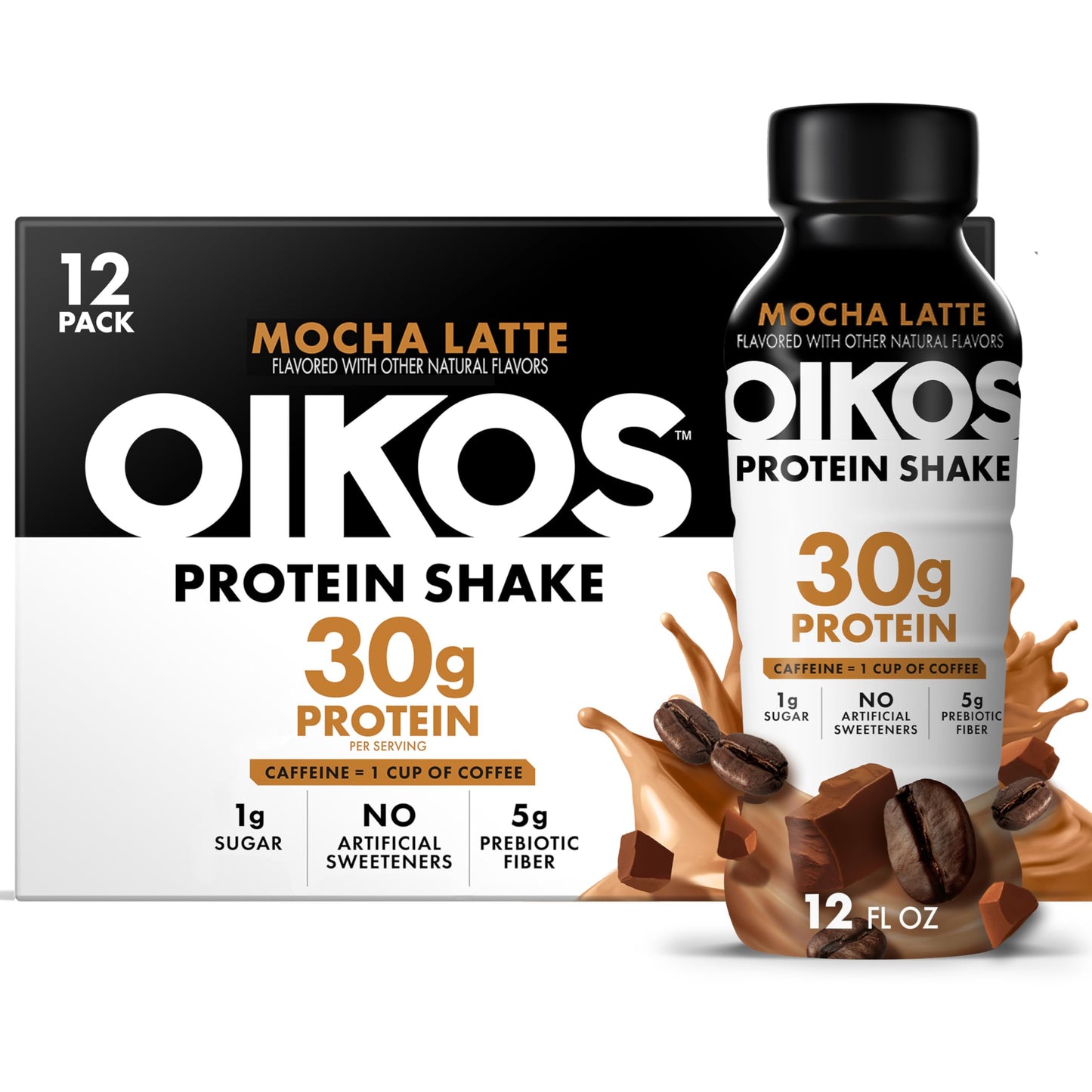 Oikos Protein Shake, Chocolate, 30g High Protein Drinks, Shelf Stable, Ready to Drink, 5g Prebiotic Fiber, 12 fl oz Bottle, 12 Count​