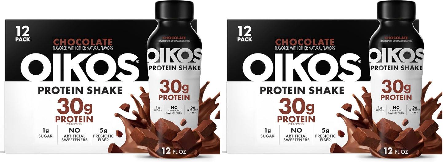 Oikos Protein Shake, Chocolate, 30g High Protein Drinks, Shelf Stable, Ready to Drink, 5g Prebiotic Fiber, 12 fl oz Bottle, 12 Count​