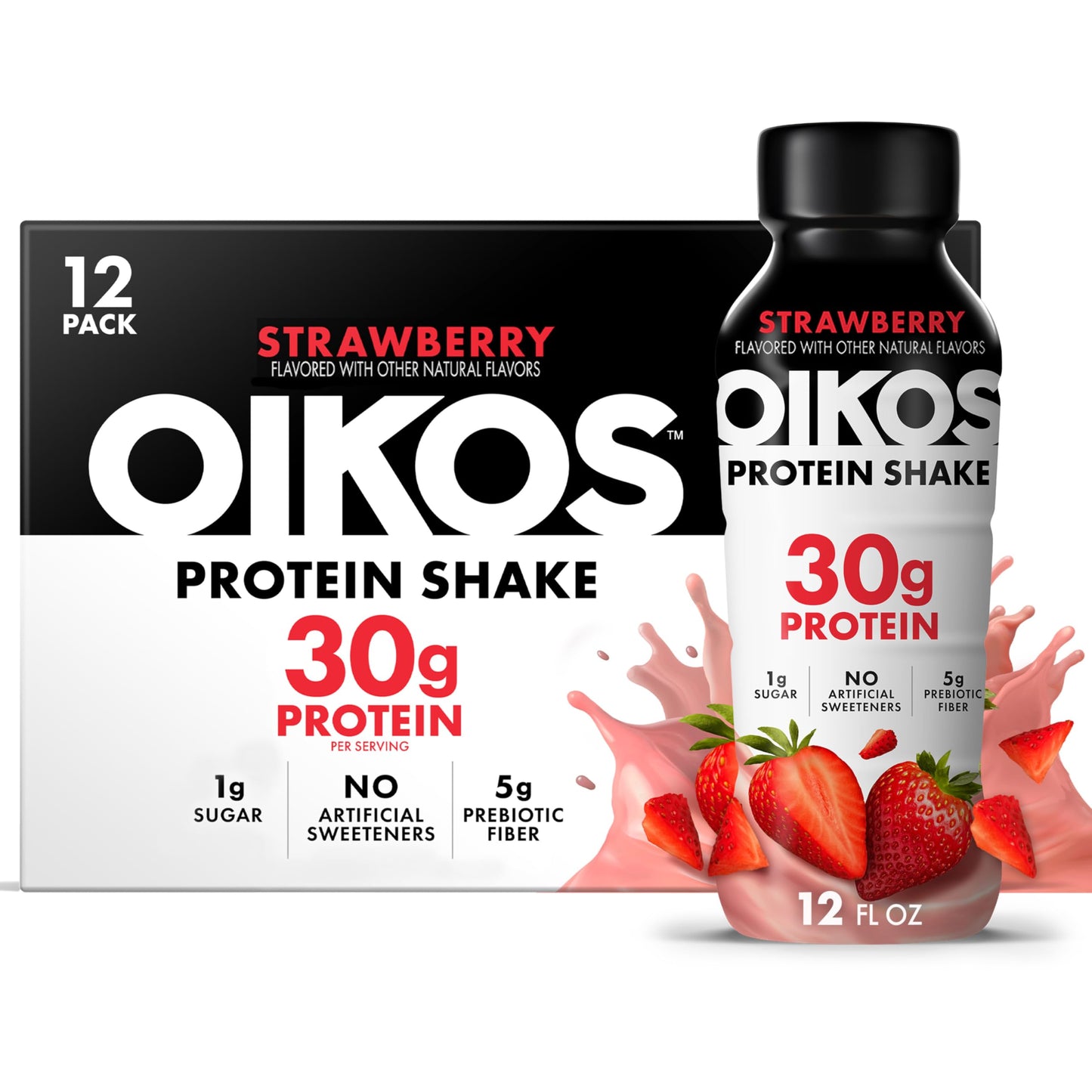 Oikos Protein Shake, Chocolate, 30g High Protein Drinks, Shelf Stable, Ready to Drink, 5g Prebiotic Fiber, 12 fl oz Bottle, 12 Count​