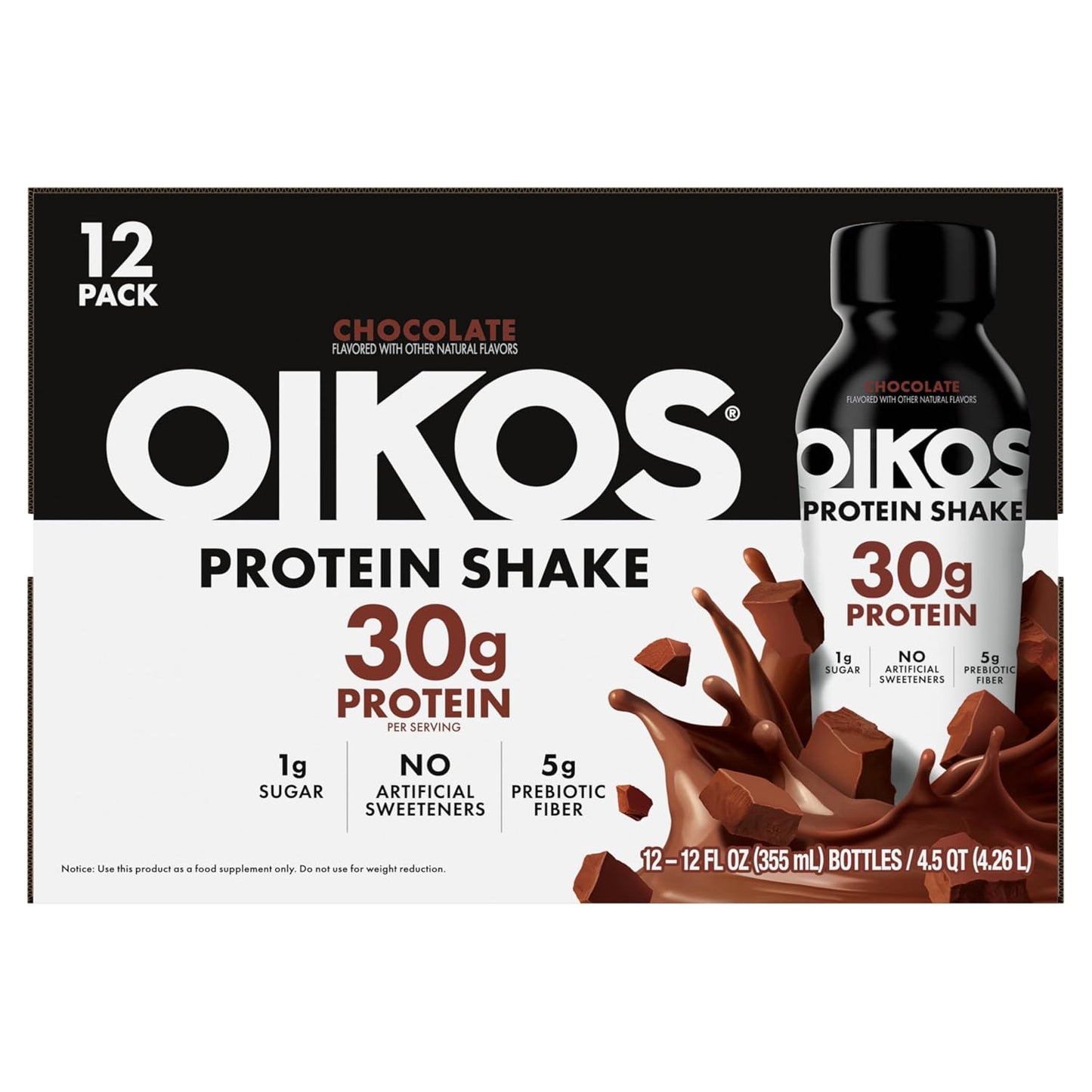 Oikos Protein Shake, Chocolate, 30g High Protein Drinks, Shelf Stable, Ready to Drink, 5g Prebiotic Fiber, 12 fl oz Bottle, 12 Count​