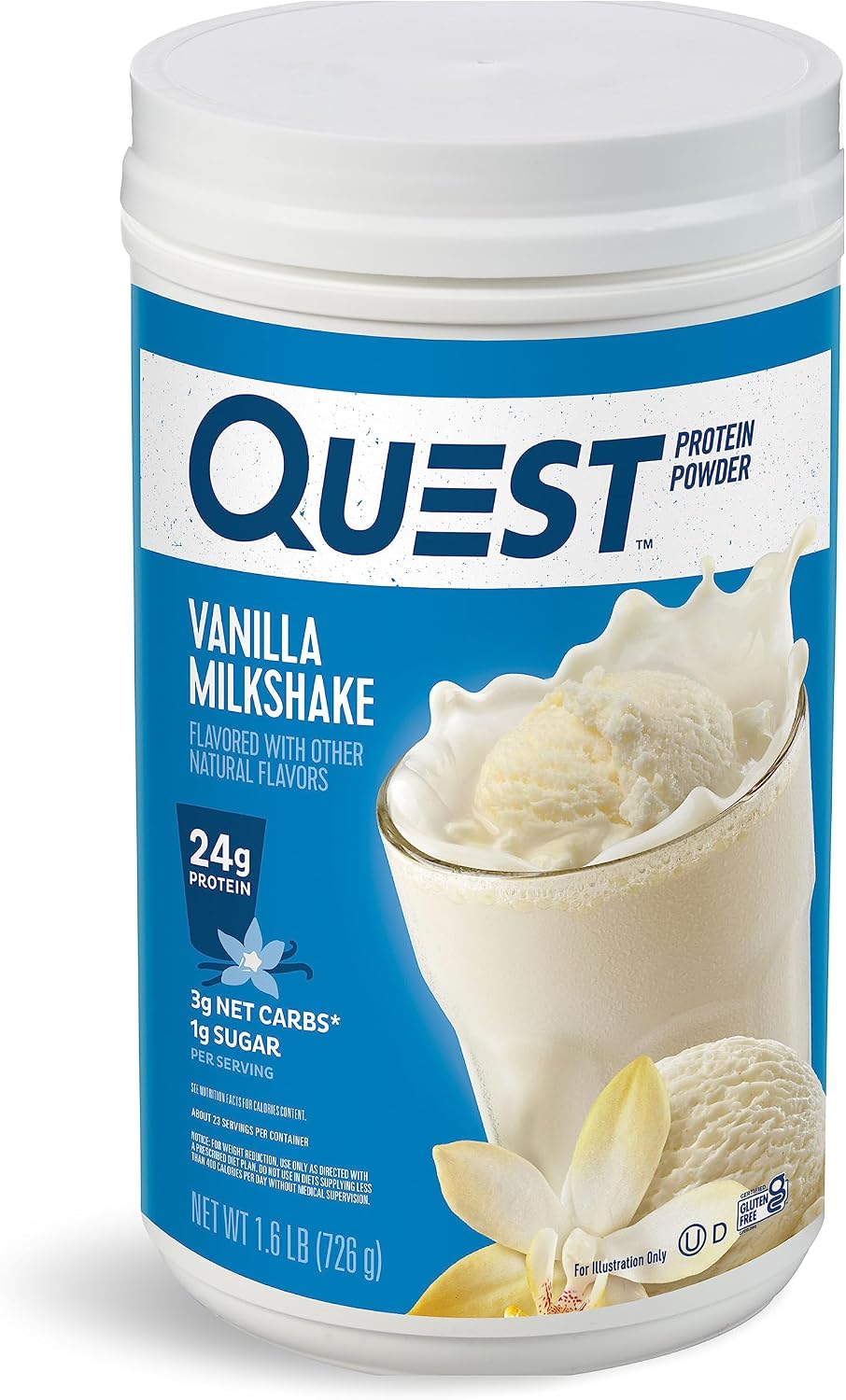 Quest Nutrition Vanilla Milkshake Protein Powder, 24g of Protein, 1g of Sugar, Low Carb, Gluten Free, 1.6 Pound, 23 Servings