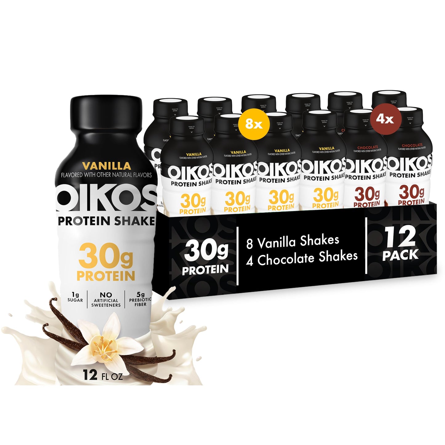 Oikos Protein Shake, Chocolate, 30g High Protein Drinks, Shelf Stable, Ready to Drink, 5g Prebiotic Fiber, 12 fl oz Bottle, 12 Count​