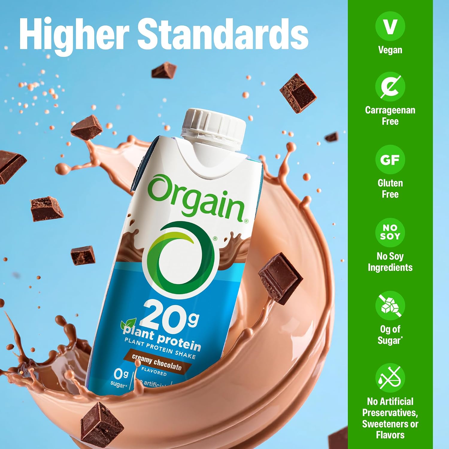 Orgain Organic 20g Vegan High Protein Shake, Chocolate, 11 oz, 12pk | Ready to drink plant based protein, fruits & vegetables, no soy or dairy ingredients, gluten-free, kosher