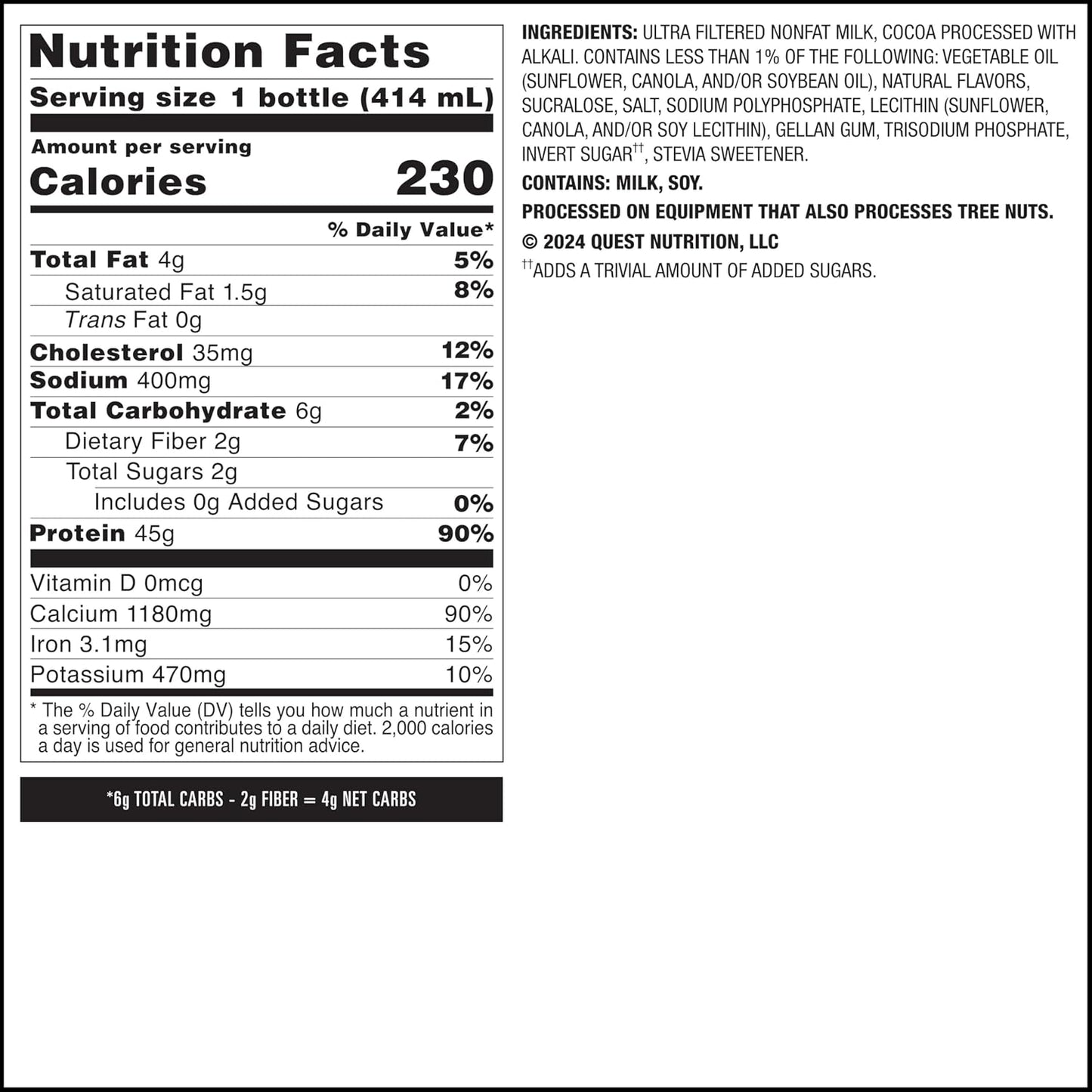 Quest Nutrition Chocolate Protein Shake, 45g Protein, 2g Sugar, 4g Net Carbs, Ready to Drink, Gluten Free, 12 Count