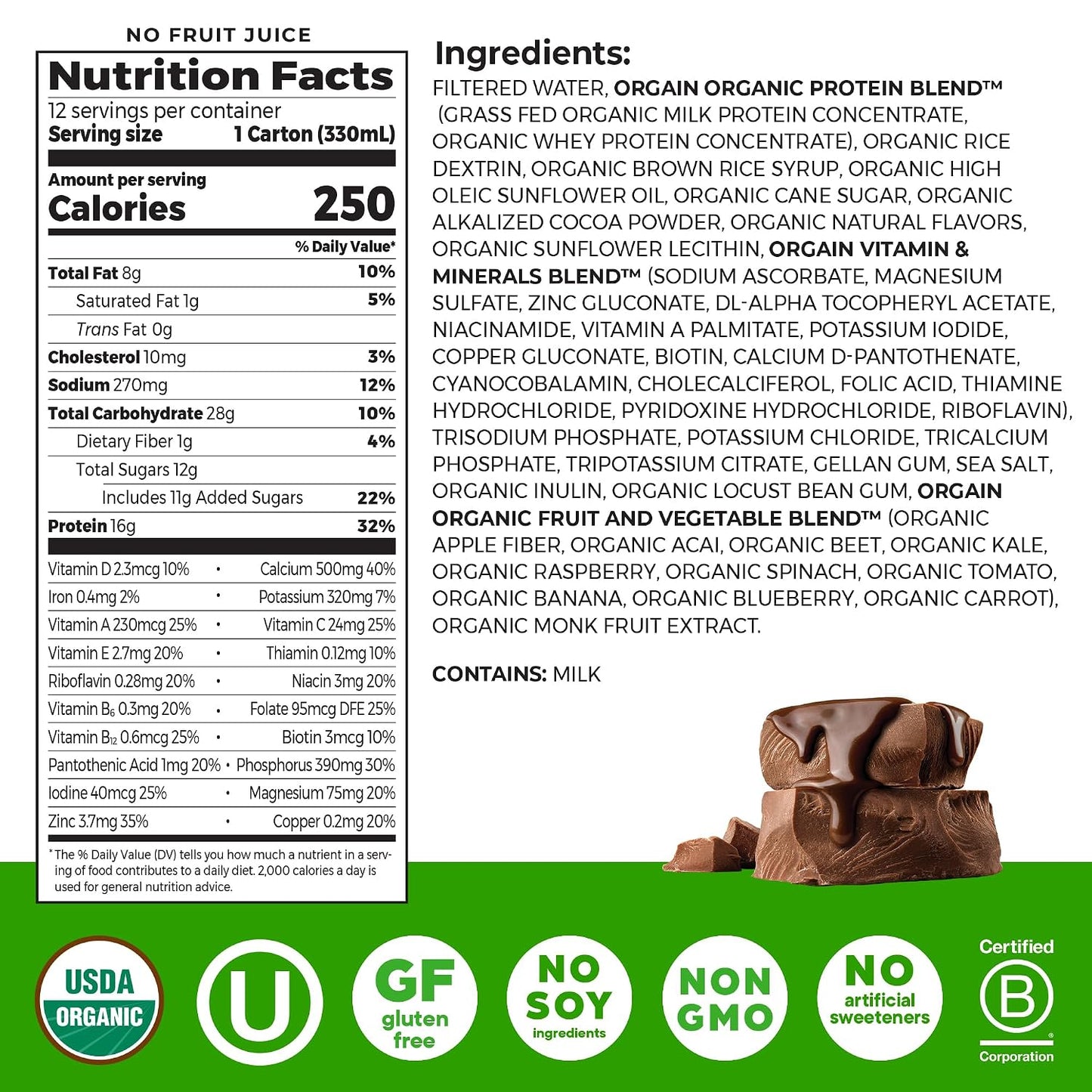 ORGAIN Organic Creamy Chocolate Fudge Shake 12 Pack, 11 FZ | Ready to drink grass-fed dairy protein, meal replacement, 20 vitamins & minerals, fruits & vegetables, non-GMO, gluten-free