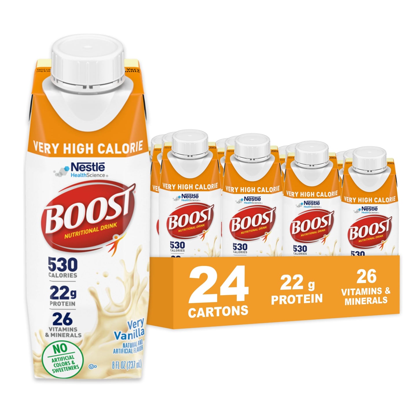 BOOST Very High Calorie Nutritional Drink – Helps Weight Gain & Maintenance -530 Calories -26 Vitamins & Minerals - 22 g Protein - Variety Pack - Vanilla, Chocolate & Strawberry - 8 fl oz (Pack of 24)
