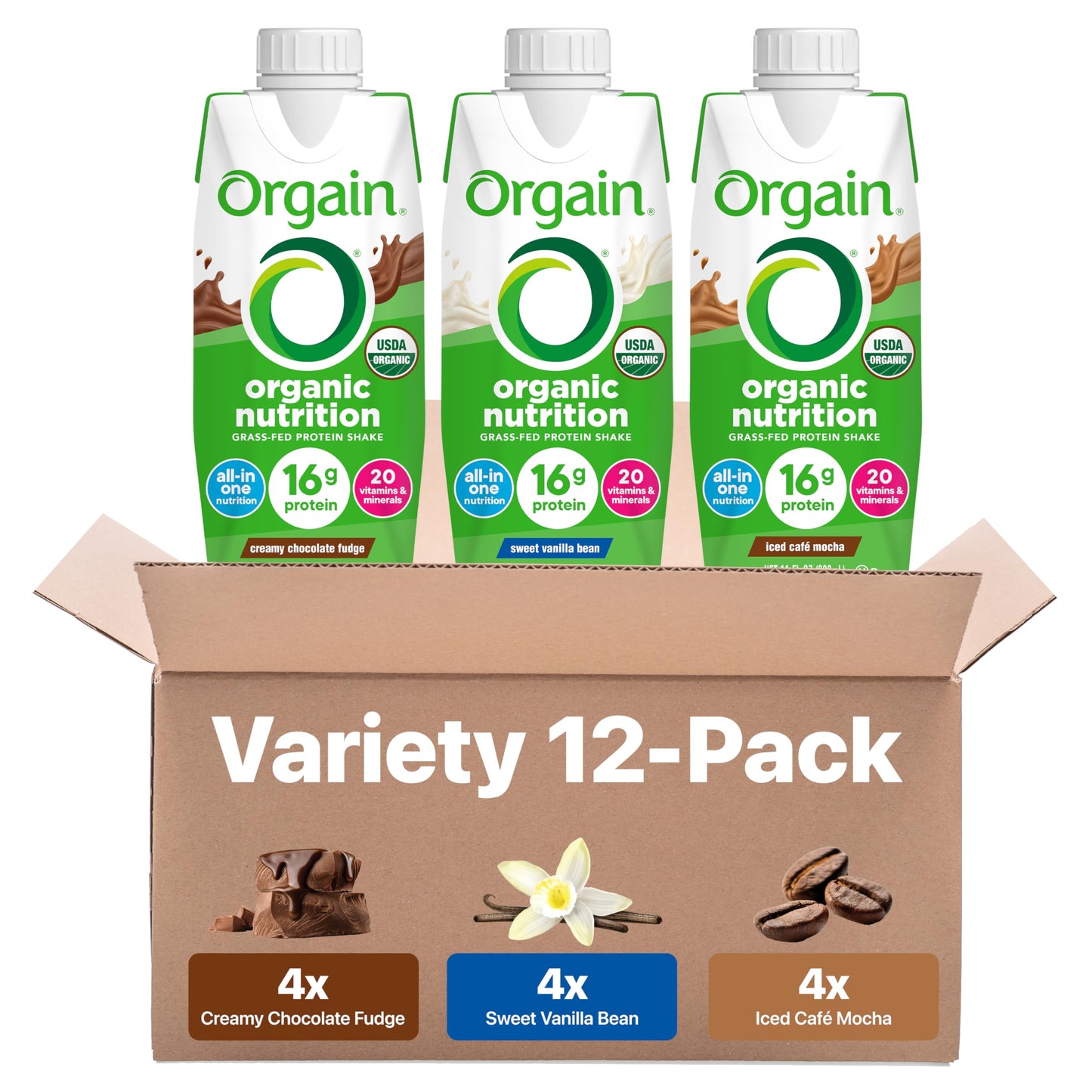 ORGAIN Organic Creamy Chocolate Fudge Shake 12 Pack, 11 FZ | Ready to drink grass-fed dairy protein, meal replacement, 20 vitamins & minerals, fruits & vegetables, non-GMO, gluten-free
