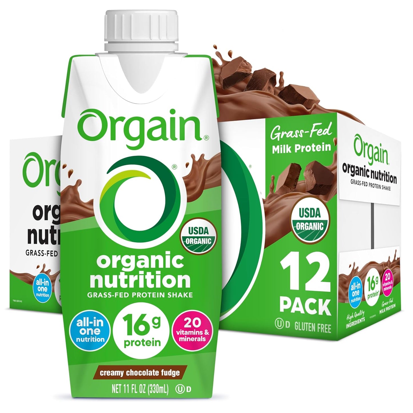 ORGAIN Organic Creamy Chocolate Fudge Shake 12 Pack, 11 FZ | Ready to drink grass-fed dairy protein, meal replacement, 20 vitamins & minerals, fruits & vegetables, non-GMO, gluten-free