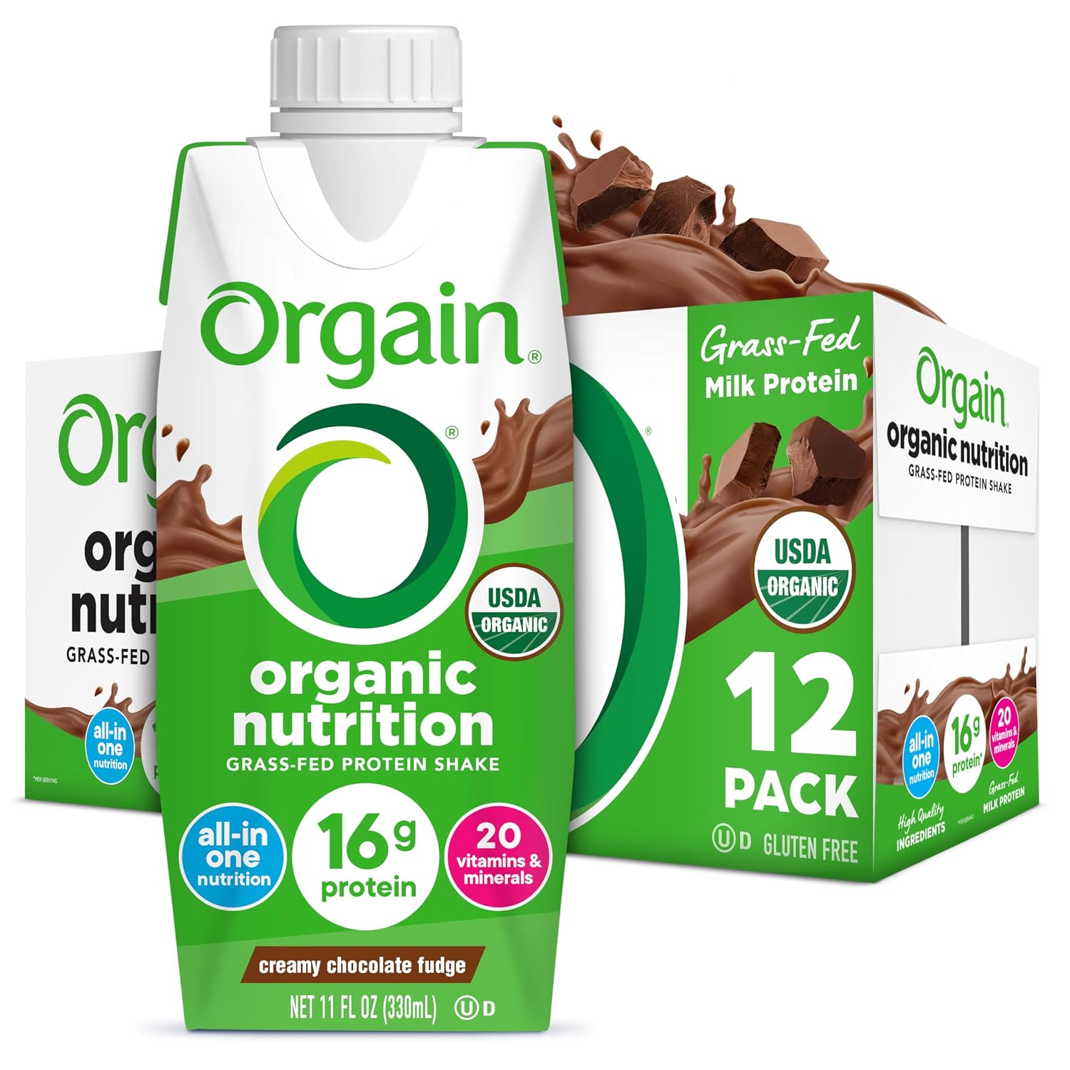 ORGAIN Organic Creamy Chocolate Fudge Shake 12 Pack, 11 FZ | Ready to drink grass-fed dairy protein, meal replacement, 20 vitamins & minerals, fruits & vegetables, non-GMO, gluten-free