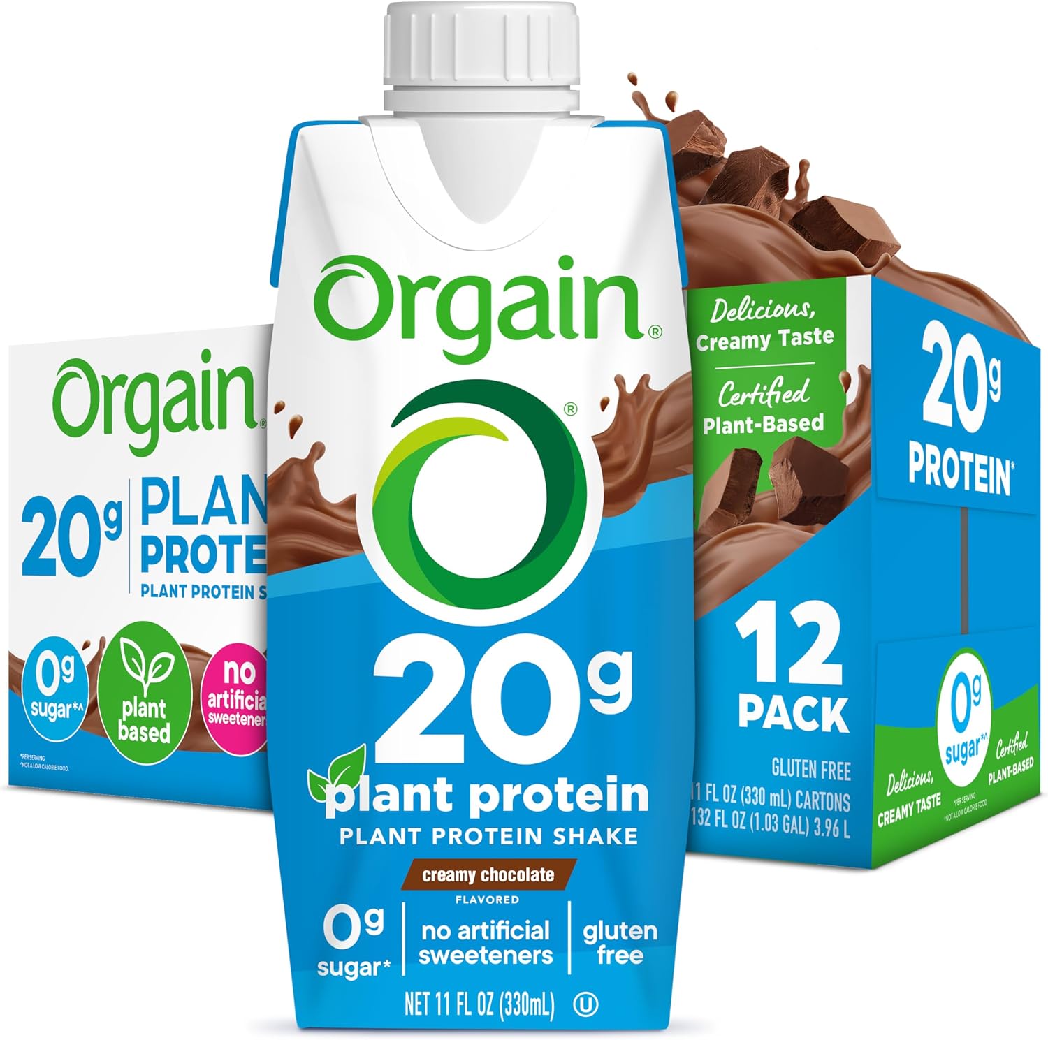 Orgain Organic 20g Vegan High Protein Shake, Chocolate, 11 oz, 12pk | Ready to drink plant based protein, fruits & vegetables, no soy or dairy ingredients, gluten-free, kosher