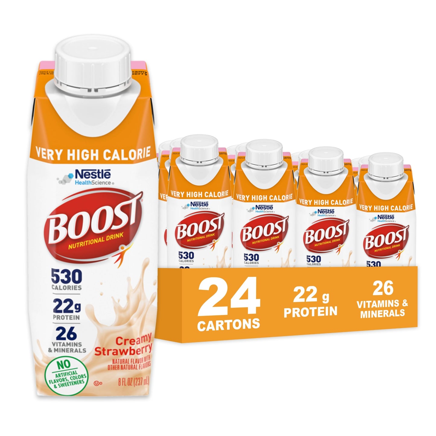 BOOST Very High Calorie Nutritional Drink – Helps Weight Gain & Maintenance -530 Calories -26 Vitamins & Minerals - 22 g Protein - Variety Pack - Vanilla, Chocolate & Strawberry - 8 fl oz (Pack of 24)