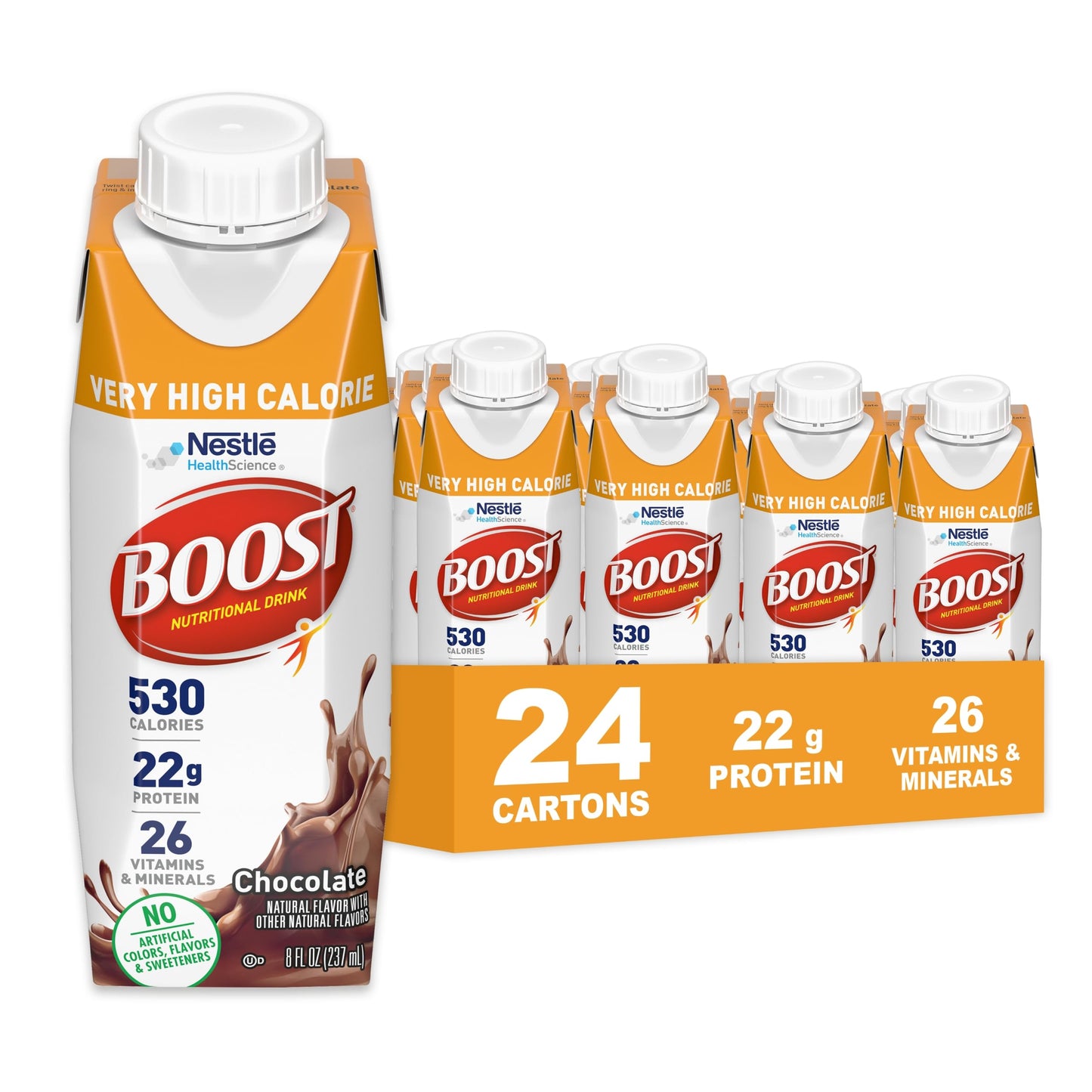 BOOST Very High Calorie Nutritional Drink – Helps Weight Gain & Maintenance -530 Calories -26 Vitamins & Minerals - 22 g Protein - Variety Pack - Vanilla, Chocolate & Strawberry - 8 fl oz (Pack of 24)