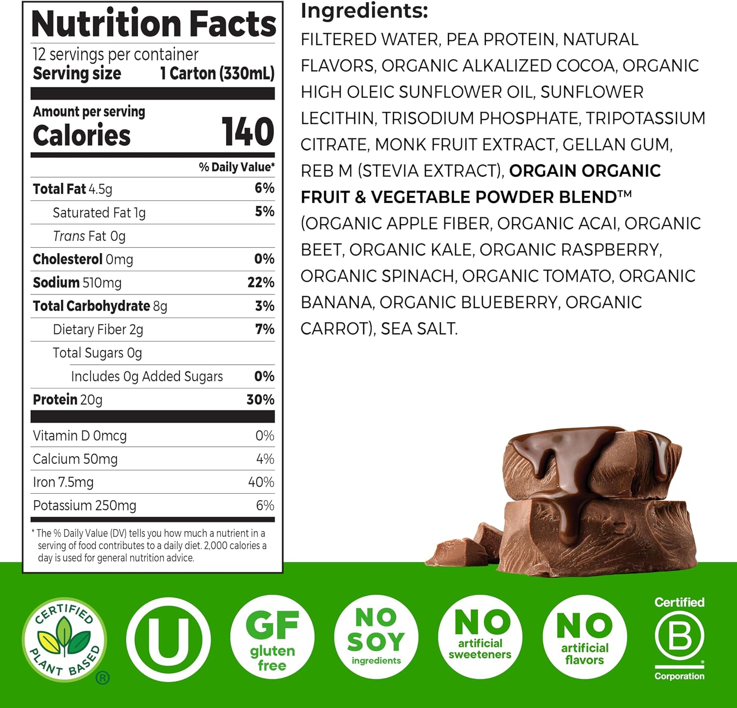 Orgain Organic 20g Vegan High Protein Shake, Chocolate, 11 oz, 12pk | Ready to drink plant based protein, fruits & vegetables, no soy or dairy ingredients, gluten-free, kosher